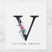 ソフト赤面ブルーフローラアルファベット名V ワインラベル (シングルラベル)