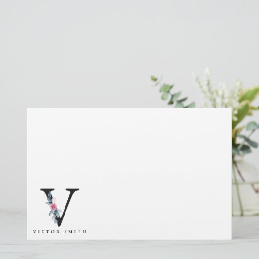 ソフト赤面ブルーフローラアルファベット名V 便箋 (スタンド正面)