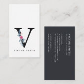 ソフト赤面ブルーフローラアルファベット名V 名刺 (正面/裏面)