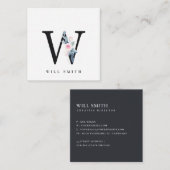 ソフト赤面ブルーフローラアルファベット名W スクエア名刺 (正面/裏面)