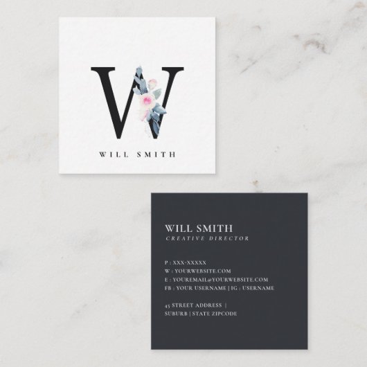 ソフト赤面ブルーフローラアルファベット名W スクエア名刺 (正面/裏面)