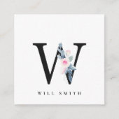 ソフト赤面ブルーフローラアルファベット名W スクエア名刺 (正面)