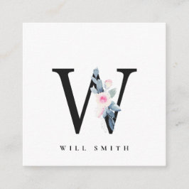 ソフト赤面ブルーフローラアルファベット名W スクエア名刺