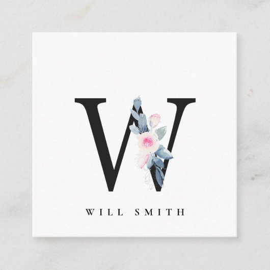 ソフト赤面ブルーフローラアルファベット名W スクエア名刺 (正面)