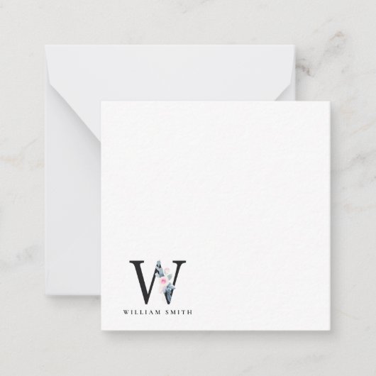 ソフト赤面ブルーフローラアルファベット名W ノートカード (正面)