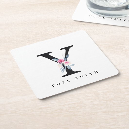 ソフト赤面ブルーフローラアルファベット名Y スクエアペーパーコースター (アングル)