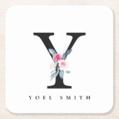 ソフト赤面ブルーフローラアルファベット名Y スクエアペーパーコースター (正面)