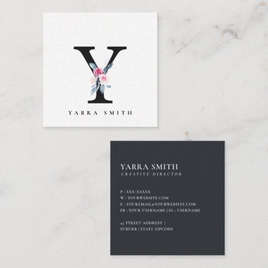 ソフト赤面ブルーフローラアルファベット名Y スクエア名刺 (正面/裏面)