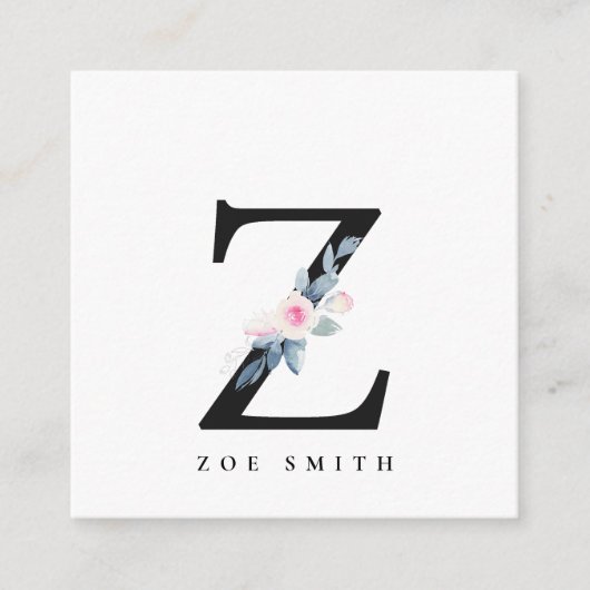 ソフト赤面ブルーフローラアルファベット名Z スクエア名刺 (正面)