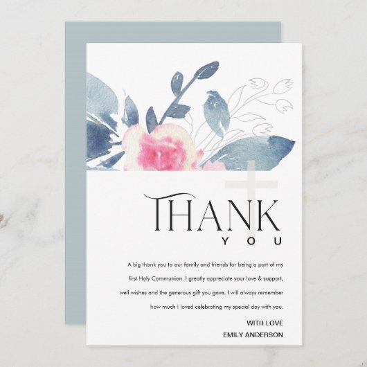 ソフト赤面ブルーフローラバンチファースト聖餐式 サンキューカード (正面/裏面)