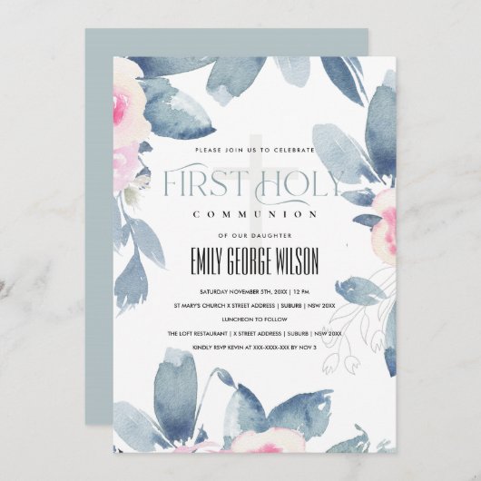 ソフト赤面ブルーフローラバンチファースト聖餐式 招待状 (正面/裏面)