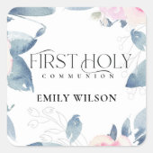 ソフト赤面ブルーフローラフレーム最初の聖餐式 スクエアシール (正面)