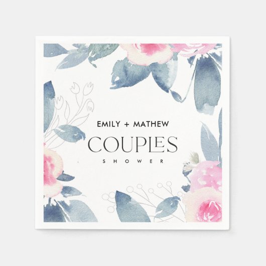 ソフト赤面ブルーフローラ水カラーカップルシャワー スタンダードカクテルナプキン (正面)