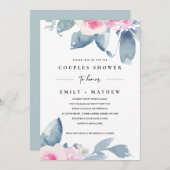 ソフト赤面ブルーフローラ水カラーカップルシャワー 招待状 (正面/裏面)