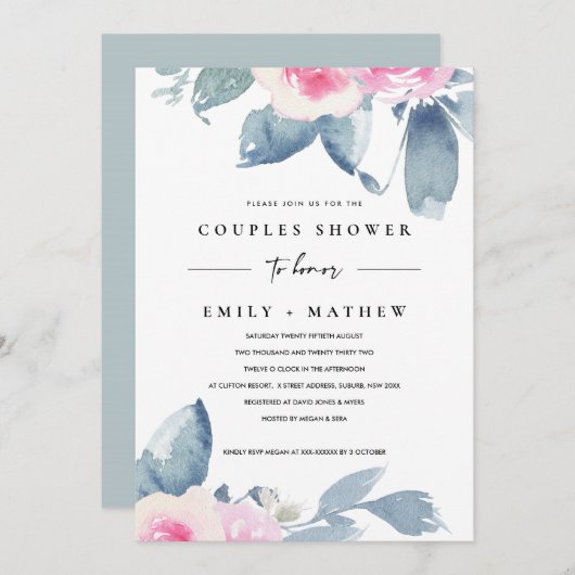 ソフト赤面ブルーフローラ水カラーカップルシャワー 招待状 (正面/裏面)