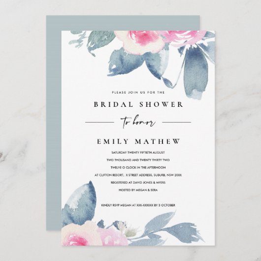 ソフト赤面ブルーフローラ水彩ブライダルシャワー 招待状 (正面/裏面)