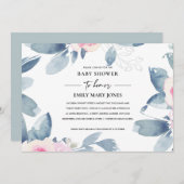 ソフト赤面ブルーフローラ水彩赤ちゃんシャワー 招待状 (正面/裏面)