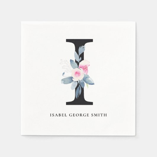 ソフト赤面ブルーブラックフローラアルファベットI スタンダードカクテルナプキン (正面)