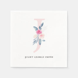 ソフト赤面ブルーホワイトフローラアルファベットJ スタンダードカクテルナプキン