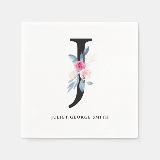 ソフト赤面ブルーホワイトフローラアルファベットJ スタンダードカクテルナプキン (正面)