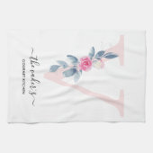 ソフト赤面ブルーホワイトフローラアルファベットV キッチンタオル (横)