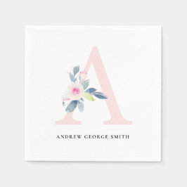 ソフト赤面ブルー白フローラアルファベット文字A スタンダードカクテルナプキン