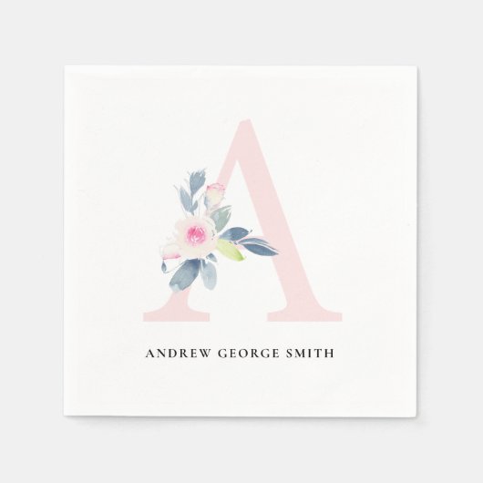 ソフト赤面ブルー白フローラアルファベット文字A スタンダードカクテルナプキン (正面)
