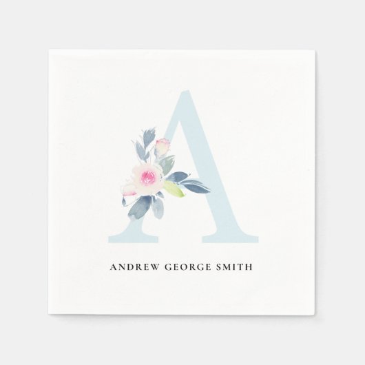 ソフト赤面ブルー白フローラアルファベット文字A スタンダードカクテルナプキン (正面)