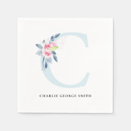 ソフト赤面ブルー白フローラアルファベット文字C スタンダードカクテルナプキン