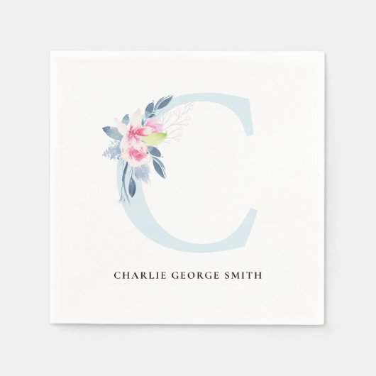 ソフト赤面ブルー白フローラアルファベット文字C スタンダードカクテルナプキン (正面)