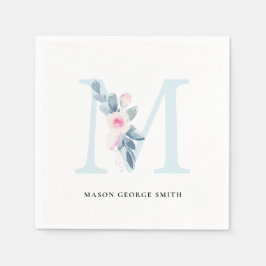 ソフト赤面ブルー白フローラアルファベット文字M スタンダードカクテルナプキン