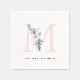 ソフト赤面ブルー白フローラアルファベット文字M スタンダードカクテルナプキン