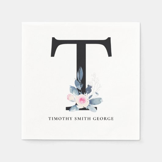 ソフト赤面ブルー白フローラアルファベット文字T スタンダードカクテルナプキン (正面)