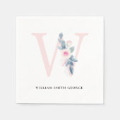 ソフト赤面ブルー白フローラアルファベット文字W スタンダードカクテルナプキン (正面)