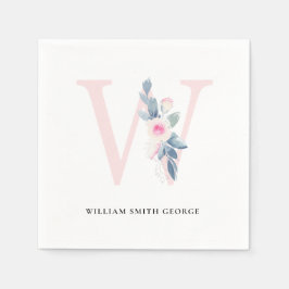 ソフト赤面ブルー白フローラアルファベット文字W スタンダードカクテルナプキン
