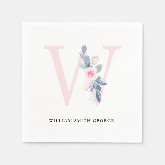 ソフト赤面ブルー白フローラアルファベット文字W スタンダードカクテルナプキン (正面)