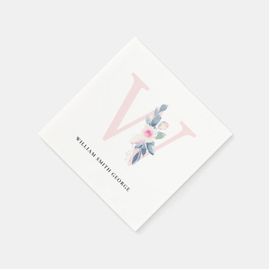 ソフト赤面ブルー白フローラアルファベット文字W スタンダードカクテルナプキン (角)