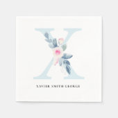 ソフト赤面ブルー白フローラアルファベット文字X スタンダードカクテルナプキン (正面)