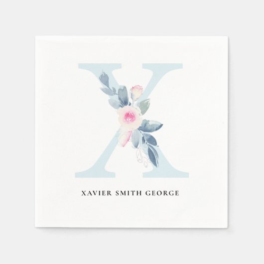 ソフト赤面ブルー白フローラアルファベット文字X スタンダードカクテルナプキン (正面)