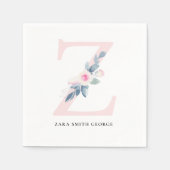 ソフト赤面ブルー白フローラアルファベット文字Z スタンダードカクテルナプキン (正面)