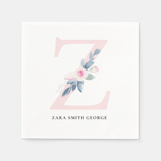 ソフト赤面ブルー白フローラアルファベット文字Z スタンダードカクテルナプキン (正面)