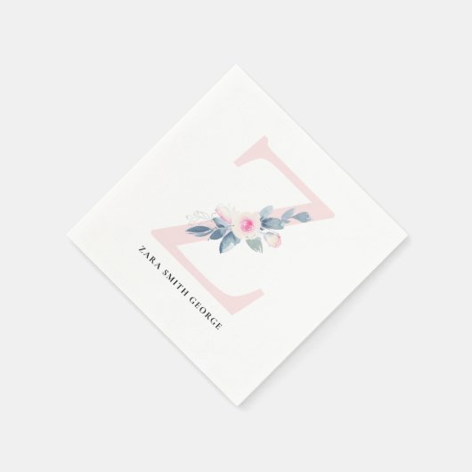 ソフト赤面ブルー白フローラアルファベット文字Z スタンダードカクテルナプキン (角)