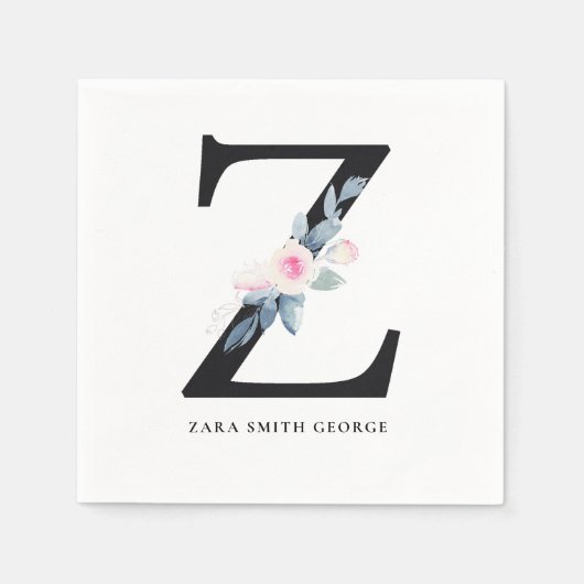ソフト赤面ブルー白フローラアルファベット文字Z スタンダードカクテルナプキン (正面)