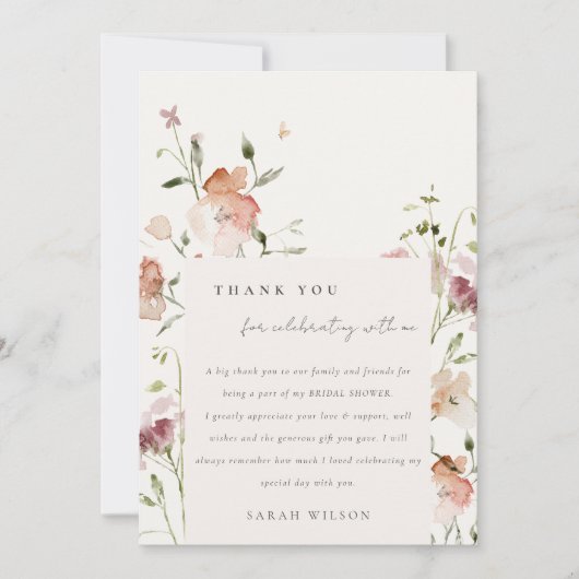 ソフト赤面メドーウォーター色フローラブライダルシャワー サンキューカード (正面)