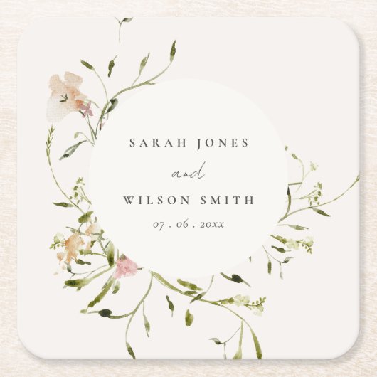 ソフト赤面メドーウォーター色フローラリース結婚ズ スクエアペーパーコースター (正面)