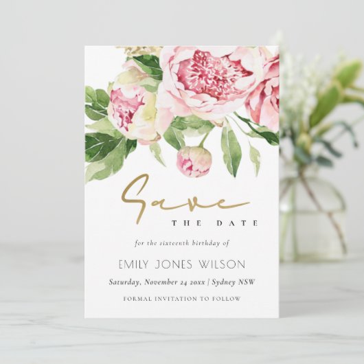 ソフト赤面牡丹フローラ水の色日付を保存 招待状 (スタンド正面)