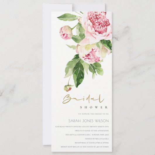 ソフト赤面牡丹フローラ水彩ブライダルシャワー 招待状 (正面)