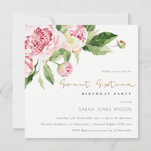 ソフト赤面牡丹フローラSweet sixteen誕生日 招待状 (正面)