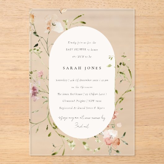 ソフト赤面牧草地の水の色のフローラベビーシャワー アクリル招待状 (正面)