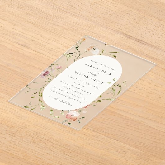ソフト赤面牧草地の水カラーフローラフレーム結婚ズ アクリル招待状 (レイダウン)